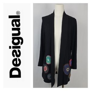 Desigual Black Open Cardigan XL Colorful Mandala Boho Chic Jacket Women